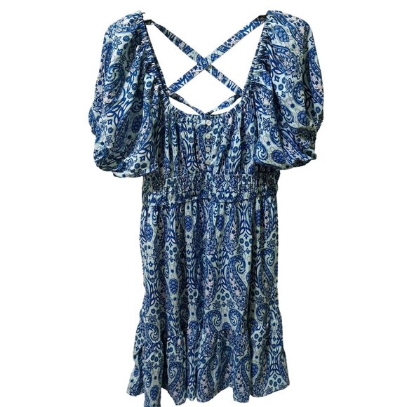 Simply Southern Dresses & Skirts - Simply Southern XL Blue Paisley Smocked Dress W/ Puffed Sleeves~Crisscross Back